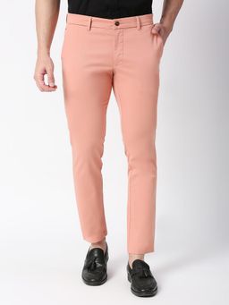 BASICS - Peach Cotton Stretch Solid Tapered Trousers
