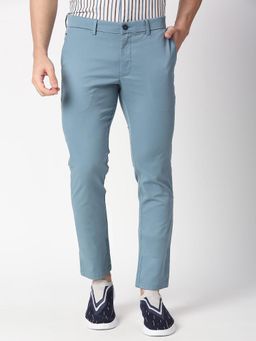 BASICS - Blue Cotton Stretch Solid Tapered Trousers