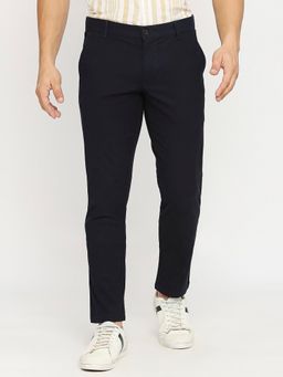 BASICS - Navy Blue Cotton Stretch Textured Tapered Trousers