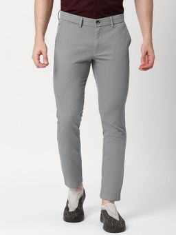 BASICS - Grey Cotton Stretch Textured Tapered Trousers