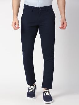 BASICS - Blue Cotton Stretch Textured Tapered Trousers