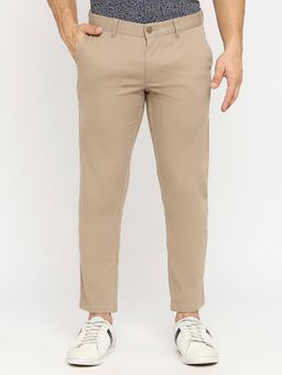 BASICS - Khaki Cotton Stretch Textured Tapered Trousers