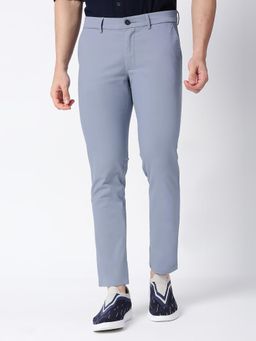 BASICS - Blue Cotton Stretch Textured Tapered Trousers