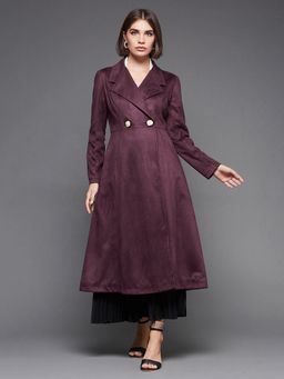 Miss Chase - Women's Wine Solid V-Neck Full Sleeve Double Breasted Longline Jacket