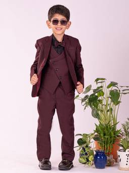 Vastramay - Boys Maroon Blazer Shirt Waist Coat & Pants (Set of 4)