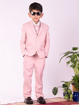 Vastramay - Boys Pink Blazer Shirt Waist Coat & Pants (Set of 4)
