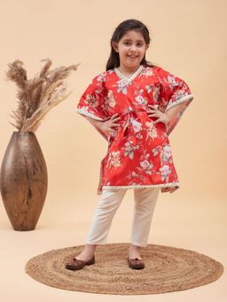 Vastramay - Girls Red and Cream Kaftan Kurta & Pants (Set of 2)