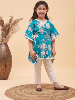 Vastramay - Girls Turquoise and Cream Kaftan Kurta & Pants (Set of 2)