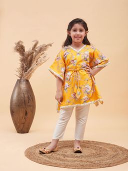 Vastramay - Girls Yellow and Cream Kaftan Kurta & Pants (Set of 2)