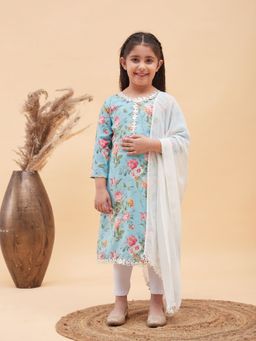 Vastramay - Girls Aqua and White Kurta Leggings with Dupatta (Set of 3)
