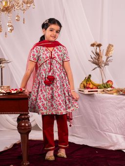 Vastramay - Girls Aqua and Red Kurta Pants with Dupatta (Set of 3)