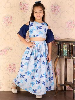 Vastramay - Girls Blue Sequins Floral Lehenga and Crop Top (Set of 2)