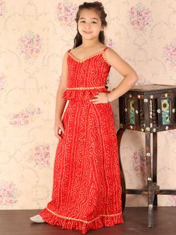 Vastramay - Girls Maroon Bandhani Lehenga and Crop Top (Set of 2)