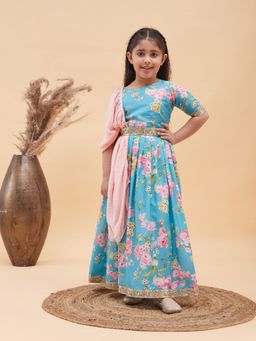 Vastramay - Girls Aqua Lehenga Choli Belt with Dupatta (Set of 4)