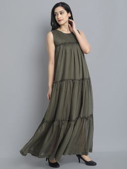 Mera Rang - Olive Mul Cotton Sleeveless Graduated Long Maxi Dress