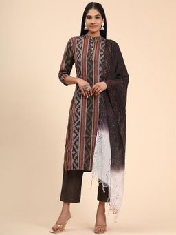 Vbuyz - Printed Straight Cotton Blend Brown Stitched Kurta Pant With Dupatta(1950) (Set of 3)