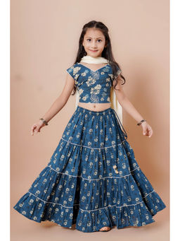 Cutiediva - Girls Blue Floral Print Lehenga & Choli with Dupatta (Set of 3)