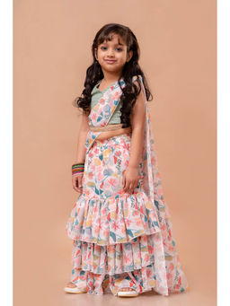 Cutiediva - Ready to Wear Floral Saree with Schiffli Stitched Blouse & Belt (Set of 3)