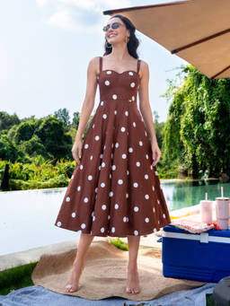 All Eyes On You - Brown Polka Midi Dress