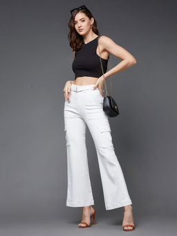 Miss Chase - Womens White Wide Leg High Rise Stretchable Denim Jeans with Belt (Set of 2)