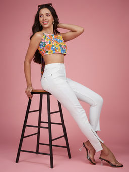 Miss Chase - Womens White Slim Fit High Rise Side Slit Jeans