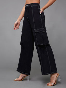 Miss Chase - Womens Black Wide Leg High Rise Denim Jeans