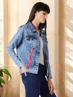 Miss Chase - Light Blue Collared Full Sleeve Twill Tape Detailing Solid Denim Jacket