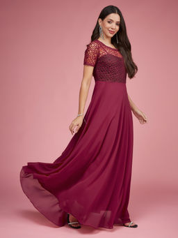 Miss Chase - Women's Dark Pink Round Neck Half Sleeve Solid Maxi Dress