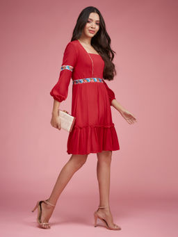 Miss Chase - Women's Red Square Neck Viscose Rayon Solid Gathered Dress