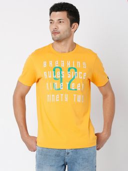 Spykar - Gold Yellow Cotton Half Sleeve Printed Casual T-Shirt for Men