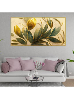 Dekorstation - Elegant Golden And Green Flowers And Leaf Canvas Wall Painting
