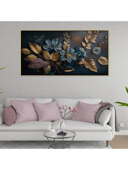 Dekorstation - Elegant Blue Flower And Golden Leaf Canvas Wall Painting