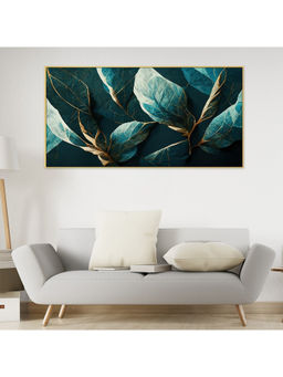 Dekorstation - Elegance in Teal Gilded Leaf Abstract Floral Canvas Wall Painting