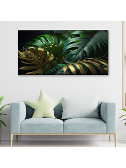 Dekorstation - Abstract Tropical Palm Leaf Gold And Green Canvas Wall Painting