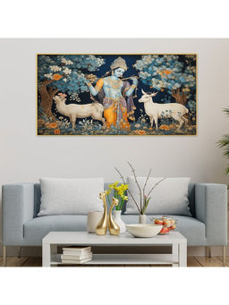 Dekorstation - Lord Krishna in Forest with Deer Floating Frame Canvas Wall Painting