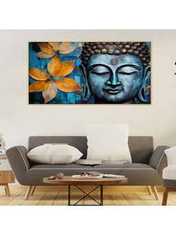 Dekorstation - Lord Buddha with Flowers with Blue Background Canvas Wall Painting