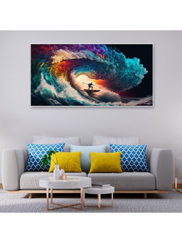 Dekorstation - Surfer Rides Wave with Rainbow Colored Wave Canvas Wall Painting