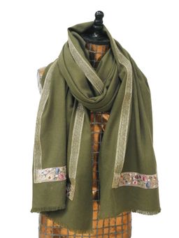 Pashma - Moss Green Embroided Silk Cashmere Scarf