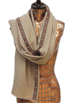 Pashma - Tan Solid Lace Work Silk Cashmere Scarf