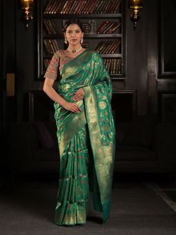 EXCLUSIVA - Green Soft Silk Banarasi Saree with Unstitched Blouse