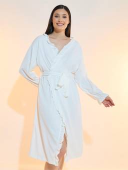 Styli - Women White Solid Edge Belted Robe With Ruffled Details