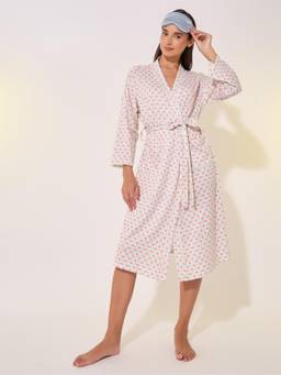Styli - Women Heart Print Long Sleeve Robe With Waist Tie-Up