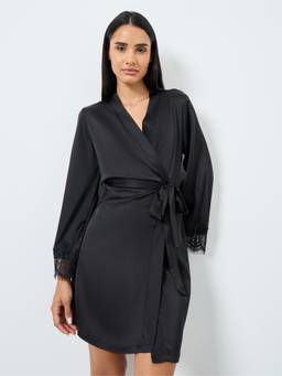 Styli - Women Black Solid Back V-Shape Lace Trim Robe With Tie-Up Waist