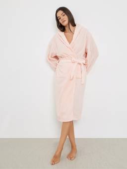 Styli - Women Ribbed Fleece Hooded Robe With Tie-Up Waist