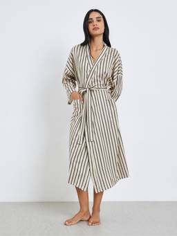 Styli - Women Beige Striped Long Sleeve Robe With Tie-Up Waist