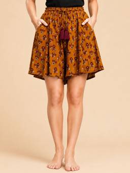 Bstories - Musted Yellow Printed Trendy Flared Shorts