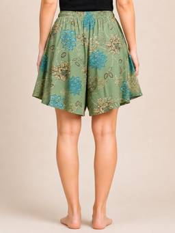 Bstories - Sage Green Printed Trendy Flared Shorts
