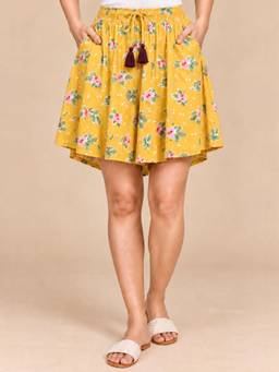 Bstories - Yellow Floral Printed Trendy Flared Shorts