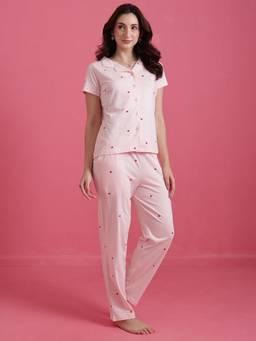 Clovia - Women Cotton Printed Shirt And Pyjama