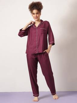 Clovia - Women Rayon Shirt And Pyjama Wine